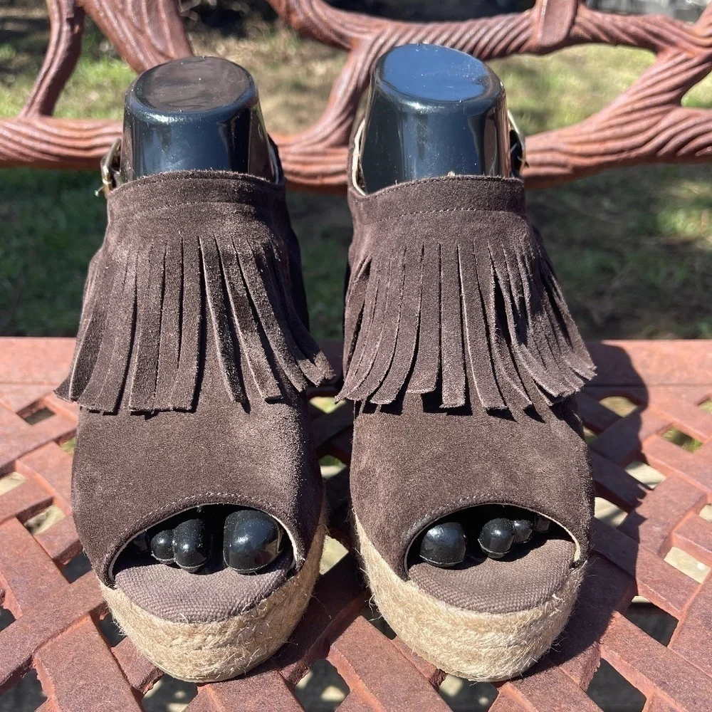 💋Kanna Brown Suede Leather Fringe Slingback Platform Wedge Open Toe Sandal
